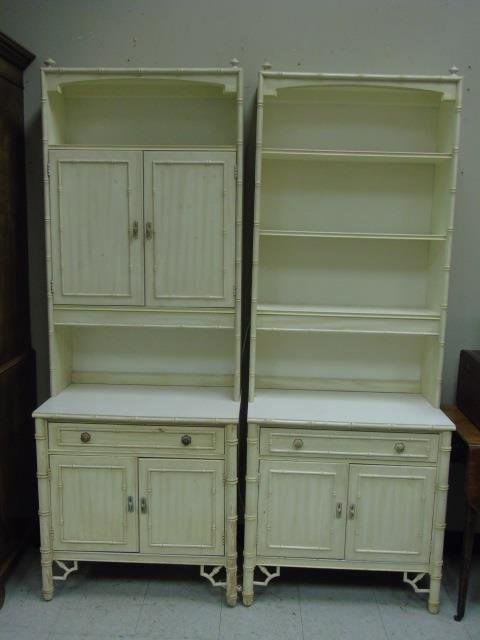 Thomasville Faux Bamboo Two Piece Open Bookcases: Thomasville Faux Bamboo Two Piece Open Bookcases. Each with drawers, counter and open book shelves. Faux bamboo motif. Each piece measures 80 x 30 x 19 inches.