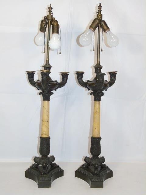 Antique Bronze & Alabaster 3 Arm Candelabra Lamps (1 of 3)