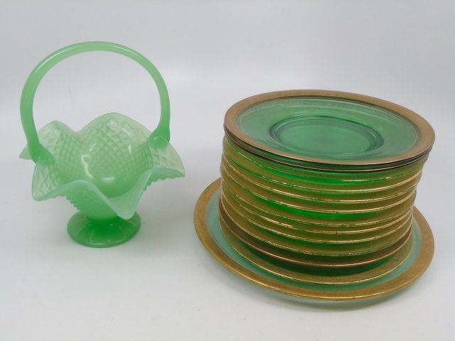 Antique Dessert Set Green & Gold Vaseline Glass (1 of 5)
