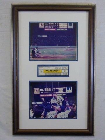 Texas Oakland Athletics Baseball Ticket Photo: Texas Oakland Athletics baseball game ticket and two photos. One is signed. Game was played on June 11, 1990 against the Texas Rangers. Framed photos and ticket measures 27" H x 17" W.