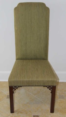 Parsons Chair w/ Chippendale Carved Accents: Antique Parsons Chair with Chippendale Carved Accents and Green Upholstery. 48”h x 21.25”w x 21”d