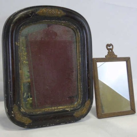 Lot of 2 Antique 19th C Victorian Mirrors: Lot of two antique mirrors. One has a 19th century print of a courting couple. Largest is 13" W x 16" H.