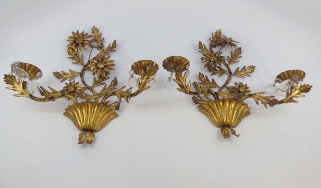 Pair of Vintage Gilt Metal Flower Wall Sconces (1 of 4)