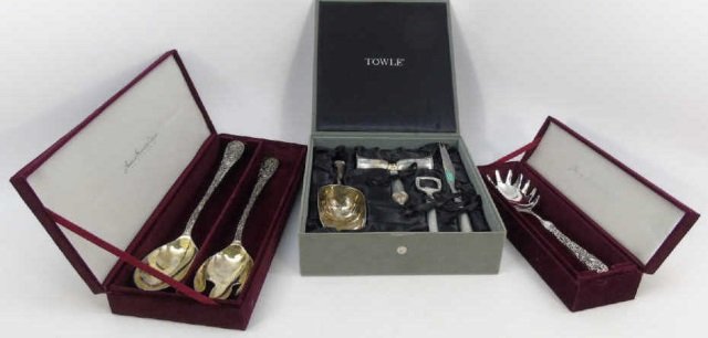 3 Boxed Sets - Neiman Marcus Silver Serving Items: 3 Boxed Sets - Neiman Marcus Silver Serving Items by Godinger and American Silversmiths. Serving spoons, utensils and bar accessories. Largest box measures 10 x 9 inches.