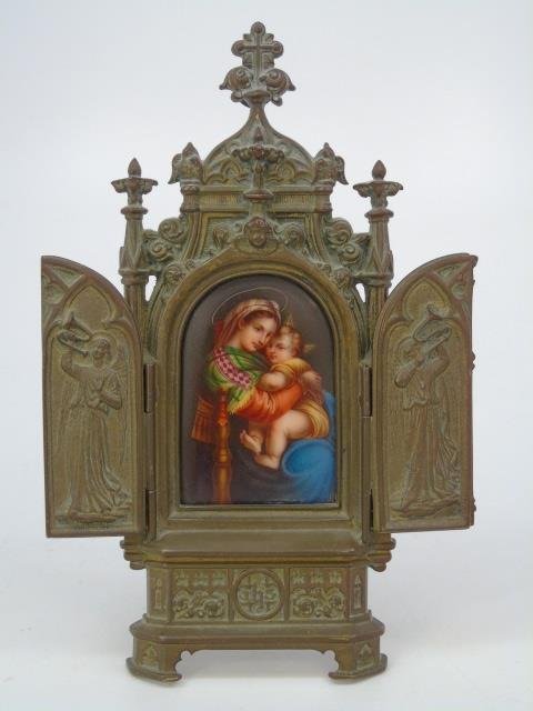 Antique 19th C KPM Porcelain Plaque w Bronze Frame: Antique 19th C KPM Porcelain Plaque w Bronze Frame. Hand painted arched top porcelain plaque. Mother and child / Madonna and child scene. Housed in a gilt bronze reliquary style frame. Measures 8.5 x