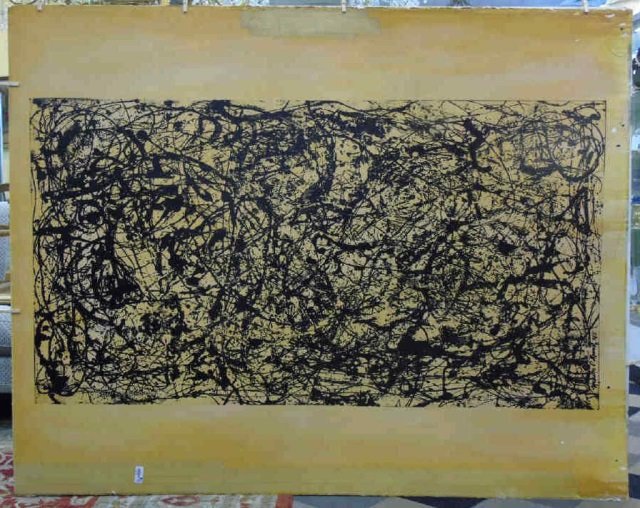 Ford Beckman - Jackson Pollock Silkscreen Canvas: Ford Beckman - Jackson Pollock Silkscreen Canvas. (American, 1952 - 2014). Painted yellow paper with black silkscreen after Jackson Pollock. Measures 62 x 77 inches. From the artist's estate.
