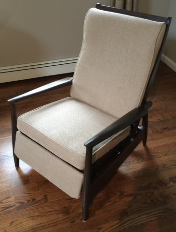 Mid Century Modern Reclining Armchair w/ New Upholstery: Mid Century Modern Reclining Armchair w/ New Upholstery. Measures 38 x 28 x 28 inches.