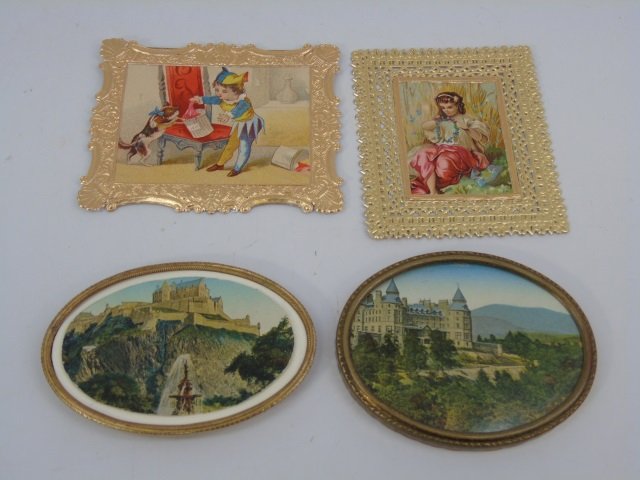 Antique Dollhouse Miniature Ormolu /Dresden Prints: Antique Dollhouse Miniature Ormolu / Dresden Prints. Two chromo lithographs of castles in ormolu metal frames and two in heavy Dresden gold paper frames. Largest measures 4 x 3.5 inches.