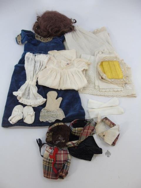 Collection Antique & Vintage Doll Clothing Items: Collection Antique & Vintage Doll Clothing Items. German and French doll items. Mohair wig, shoes, under garments, velvet dress, Scottish outfit, socks, various linens. Many hand made,some machine mad