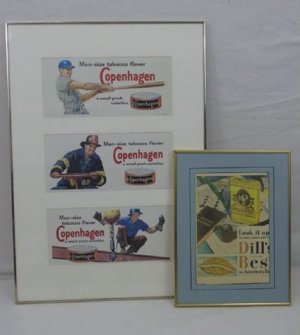 Two Framed Antique Smoking Advertisements / Signs: Two Framed Antique Smoking Advertisements / Signs. For Copenhagen and Dills Best. Professionally framed and matted. Larger measures 34 x 24 inches.