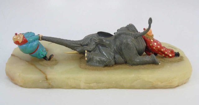 "Push and Pull" Elephant Clown Figurine by Ron Lee: "Push and Pull" Elephant and Clown Figurine by renowned artist Ron Lee, famous for his enameled bronze figurines of traditional and whimsical American Circus Clowns and their acts. Signed, Dated 1991,