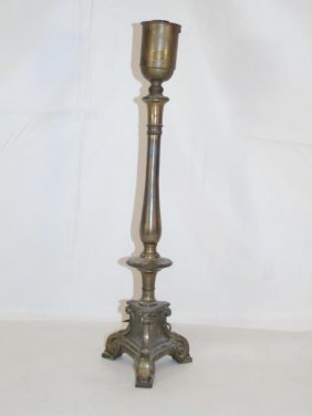 Antique Silver Church Altar Candlestick Mount Lamp: Antique Silver Church Altar Candlestick Mount Lamp. Tarnished silver tone. Electrified. Measures 22 inches.