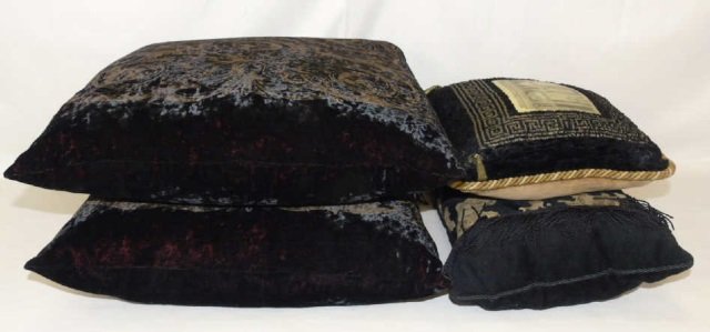 Contemporary Monticello Inc Black Velvet Pillows: Contemporary Monticello Inc Black Velvet Pillows. Embossed gold Baroque style scrollwork, tapestry and damask. Largest measures 19 x 21 inches.