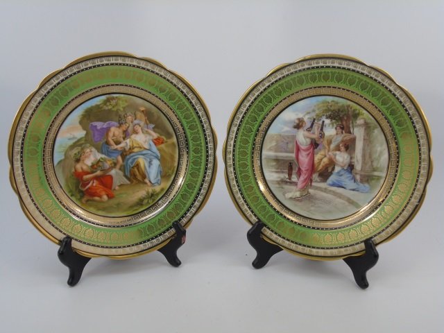 Four Antique Royal Vienna Style Wall Plates: Four Antique Royal Vienna Style Wall Plates. With classical / mythological scenes. Each with green and gold border. Each marked Venezia Dr A Salviati & Cie. Each measures 9.5 inches in diameter.