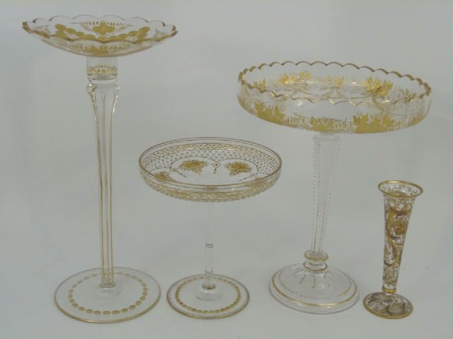 Four Antique Continental Gilt Glass Vase Compotes: Four Antique Continental Gilt Glass Vase Compotes. Three compotes of various sizes a small trumpet vase. Possibly French Baccarat or Bohemian Moser in origin. Tallest is 12.5 inches.