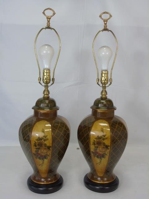 Pair Contemporary Floral Motif Designer Lamps: Pair Contemporary Floral Motif Designer Lamps. Newly made. Table lamps, ginger jar form. Each measures 30 inches in height, 9 inches in diameter.