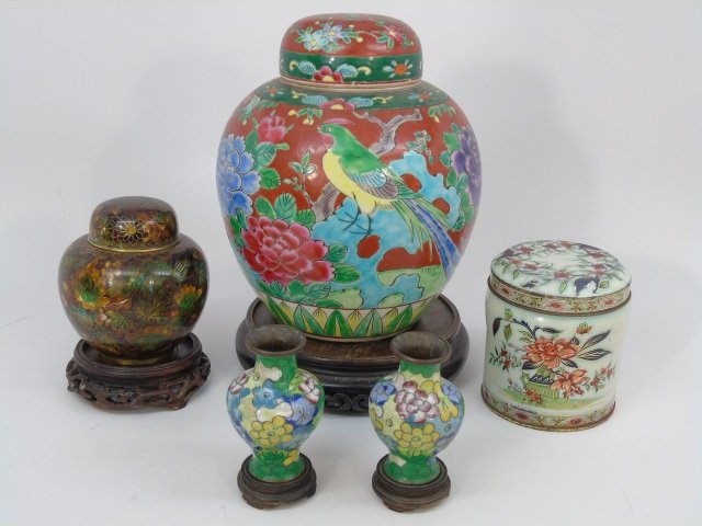 Chinese Porcelain & Cloisonne Table Items: Chinese Porcelain & Cloisonne Table Items - Vases, Ginger Jars and Tins. Some with carved wooden stands. Hand painted ginger jar.