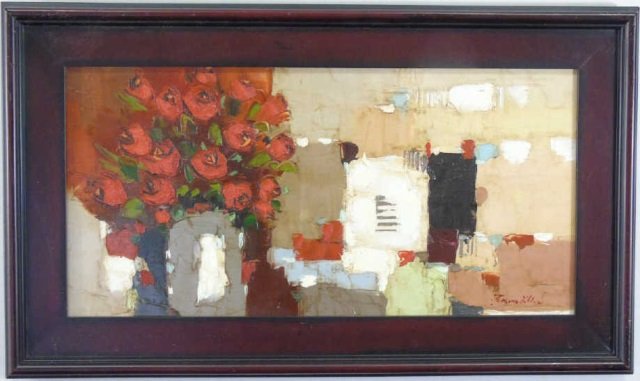Fran Klim - Contemporary Painting of Roses: Fran Klim - Contemporary Painting of Roses. Geometric / abstract style. Professionally framed. Measures 17 x 29 inches.