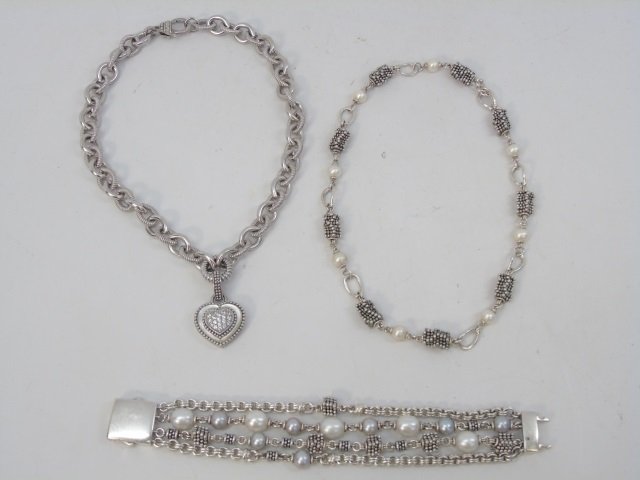 Judith Ripka / Michael Dawkins Sterling Necklaces: Judith Ripka / Michael Dawkins Sterling Necklaces & Bracelet. Necklaces are 16 and 14 inches. Set with pearls.