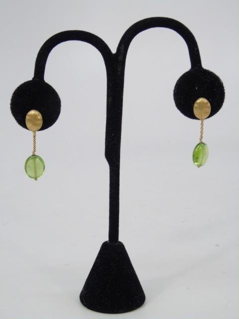 18kt Yellow Gold & Green Bead Drop Earrings: 18kt Yellow Gold & Beaded Drop Earrings. Backs are gold filled. Each measures 1 inch in length.