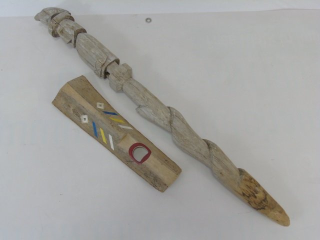 Antique Hand Carved Wooden Native Mask Totem Pole: Hand Carved Wooden Native Mask and Totem pole. Mask is painted and pole shows signs of paint. Pole is 35" long and Mask is 15" long.