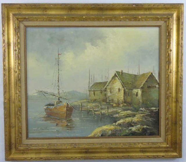 J Martin - Oil Painting Marine Harbor Scene 1 of 2 (1 of 5)
