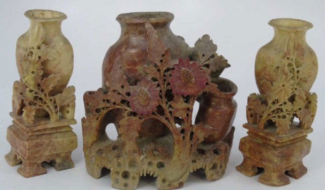 Set of 3 Antique Hand Carved Chinese Stone Vases (1 of 6)