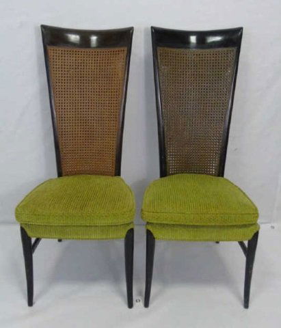 Pair Mid Century Modern Caned & Upholstered Chairs: Pair Mid Century Modern Caned & Upholstered Chairs. Each measures 43.5 x 18.5 x 16.5 inches.