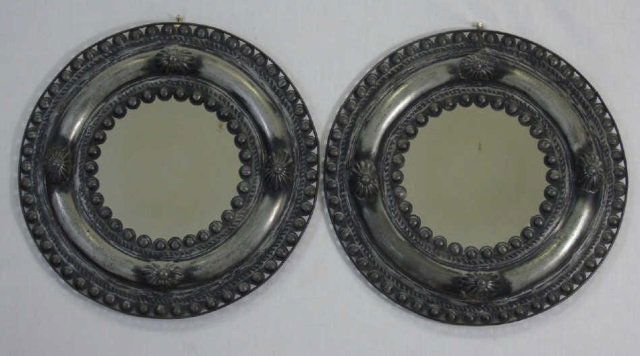 Pair Contemporary Silver Tone Circular Mirrors (1 of 4)