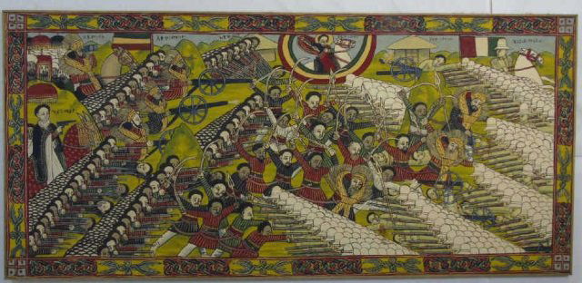 Large Vintage Hand Painted War Scene on Cotton (1 of 5)