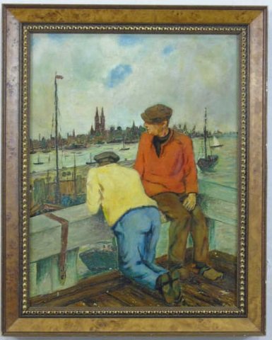 Oil Painting on Board of Two Fishermen Burl Frame (1 of 2)