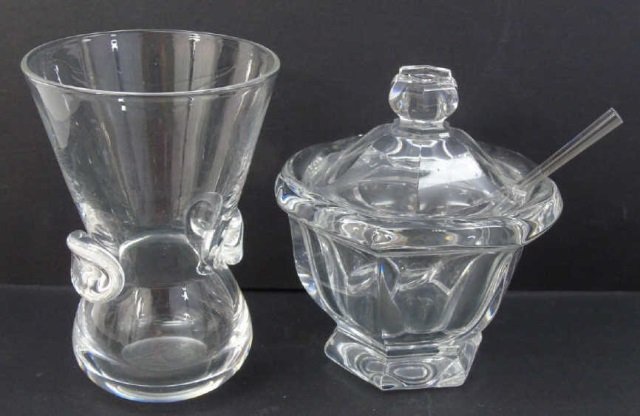 Baccarat & Steuben Art Glass Vase & Jam Compote: Baccarat & Steuben Art Glass Vase & Jam Compote with glass utensil. Both are marked on bottoms. Vase measures 6 inches in length.