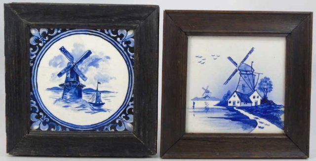 Pair Antique Framed Blue & White Delft Tiles (1 of 4)