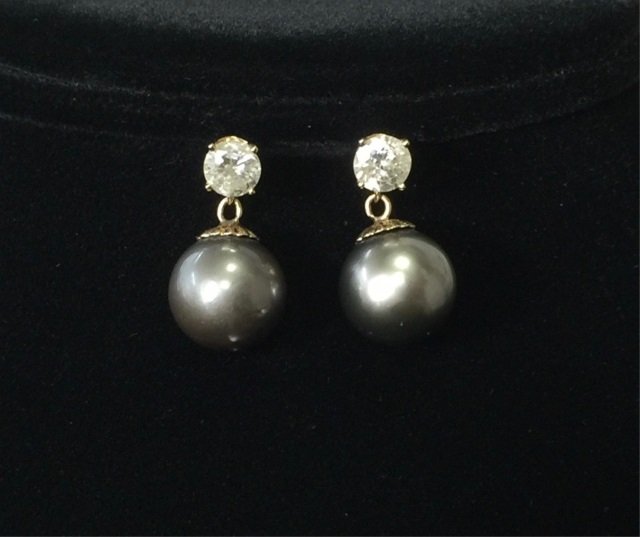 Pair 14kt Gold 1.5 CT Diamond Tahitian Pearl Earrings (1 of 4)
