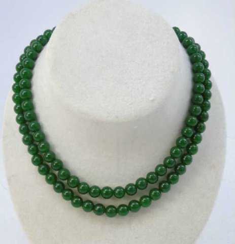 Pair Chinese Carved Green Jade Beaded Necklace (1 of 3)