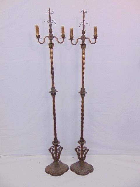 Pair Iron Antique Two Arm Torchiere Floor Lamps (1 of 5)