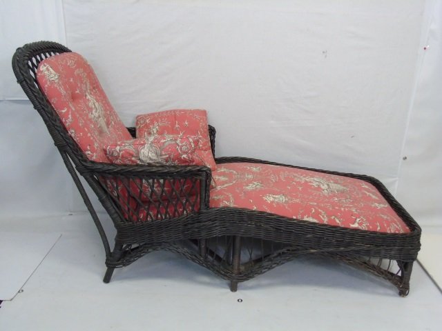 Contemporary Frontgate Wicker Chaise & Rocker: Contemporary Frontgate Wicker Chaise & Rocker. Porch or sunroom furniture. Toile style fabric. Chaise measures 36 x 56x 24 inches.