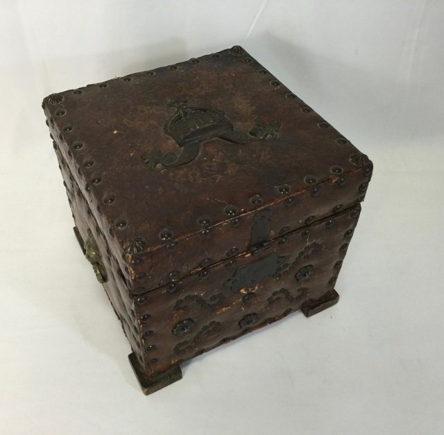 Antique French Studded Leather Box w/ Crown Top (1 of 4)