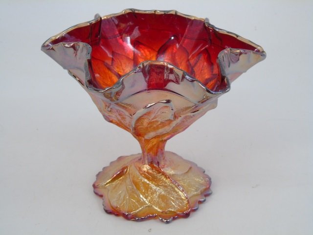 Antique American Carnival Glass Serving Compote: Antique American Carnival Glass Serving Compote. With a tobacco leaf motif. Measures 5.5 inches in height.