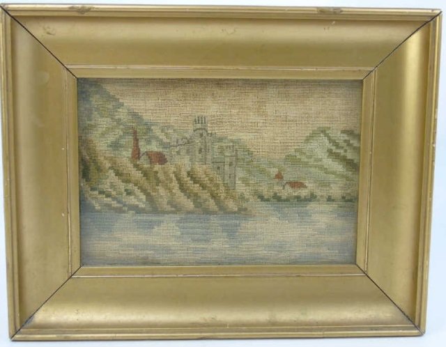 Antique 19th C English Framed Petite Point Castle (1 of 2)
