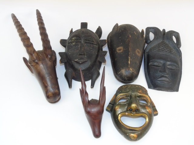 Six Carved Wood & Metal African & Asian Masks (1 of 6)