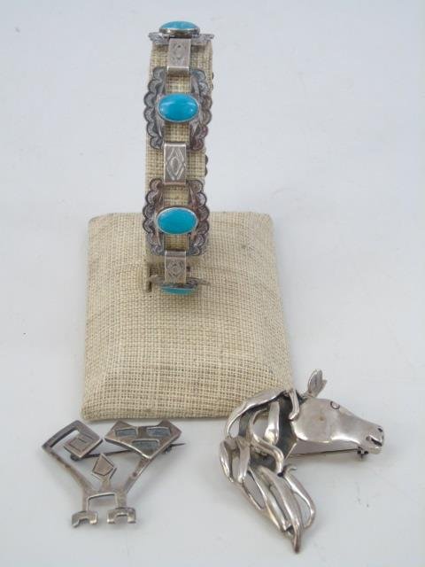 Vintage Mexican & Native American Sterling Jewelry: Vintage Mexican & Native American Sterling Jewelry. Turquoise mounted bracelet measures 7.25 inches. Two brooches, including horse head. Hallmarked.