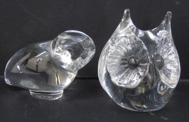 Daum & Baccarat French Art Glass Owl Statues: Daum & Baccarat French Art Glass Owl Statues. Each marked. One of owl head and one full body.