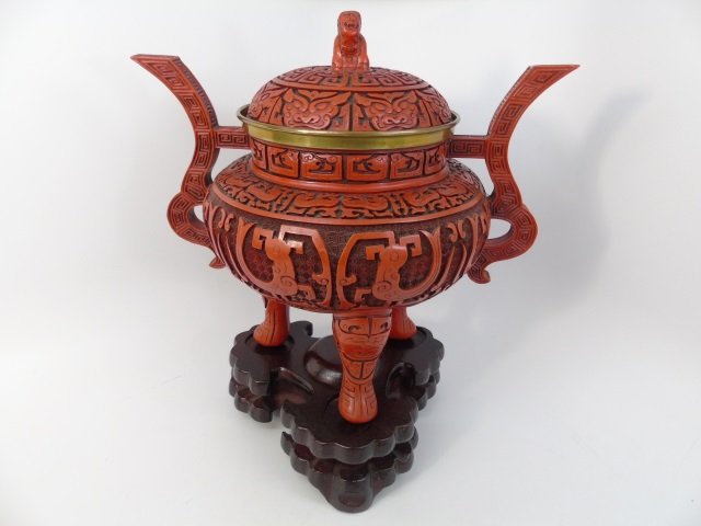 Large Ornately Carved Cinnabar Incense Burner (1 of 5)