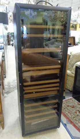 Contemporary Euro Cave Glass Front Wine Fridge: Contemporary Euro Cave Glass Front Wine Display Refrigerator. Metal, glass and wood construction. Retails for approximately $1,500. Measures 70 x 23 x 21 inches. Single owner consignment; contents of 
