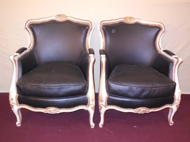 Pair French Style Jansen Black Leather Chairs (1 of 1)