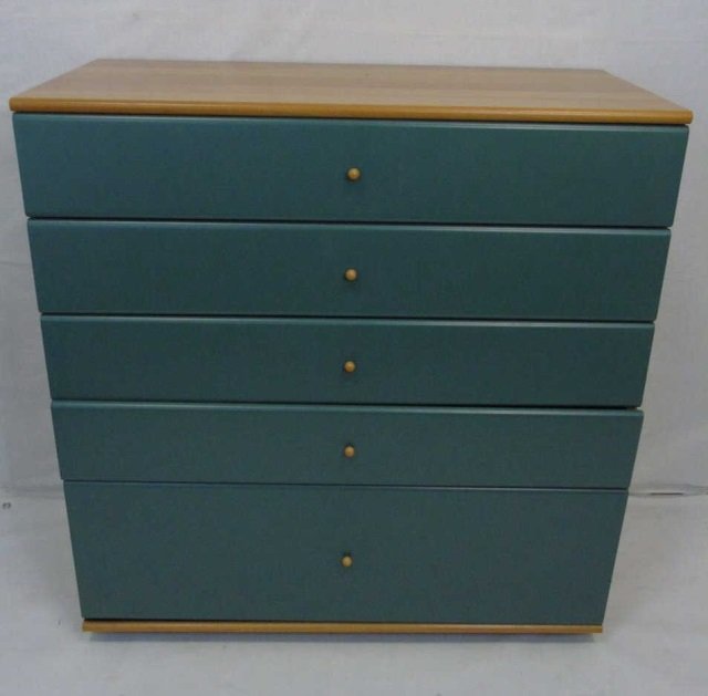 Maurice Villencey Painted Mid Cent. Style Dresser: Maurice Villencey Painted Mid Cent. Style Dresser. Green with small round knobs and blond wood trim. 41"h x 39"w x 19"d.
