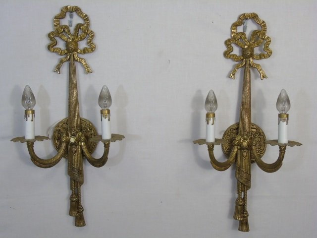 Pair Gilt Metal Vintage 2 Arm Sconces Ribbon Deco (1 of 5)