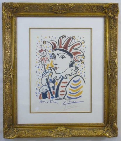 Picasso "Woman Clown" Edition Print Framed w COA: Picasso "Jester" Edition Print Framed. Accompanied by COA. 40"h x 34"w.