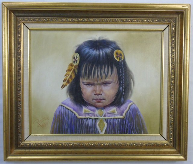 Gregory Perillo Oil on Canvas Native American Girl: Gregory Perillo Oil on Canvas Native American Girl w Feather Hair Ornaments and Purple Dress. 24"h x 27"w.